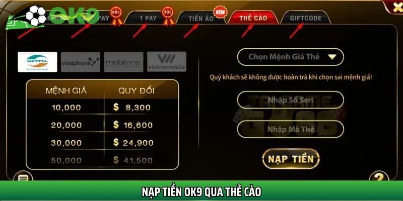 Nạp tiền Ok9 qua thẻ cào