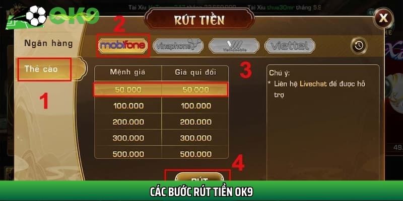 Các bước rút tiền Ok9